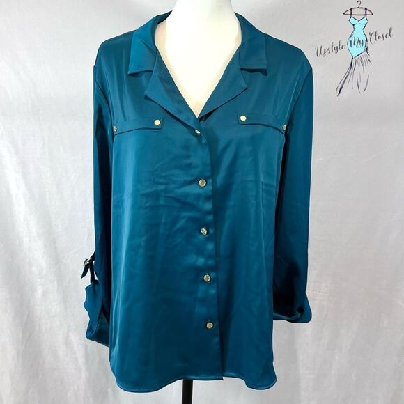 Anne Klein long sleeve moroccan blue satin blouse top size medium NWT - Picture 1 of 8